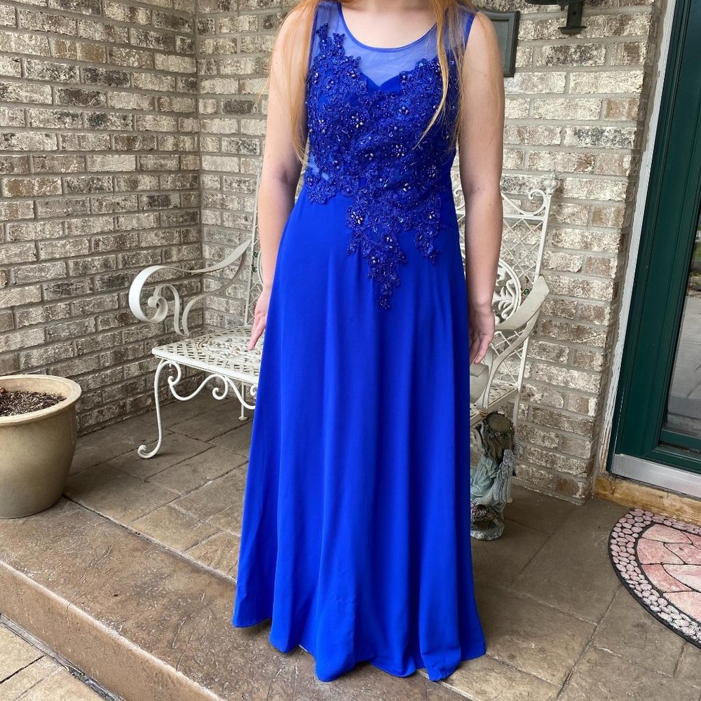 Formal Prom Long  Dress Blue Beaded Mesh 4 - Picture 4 of 12